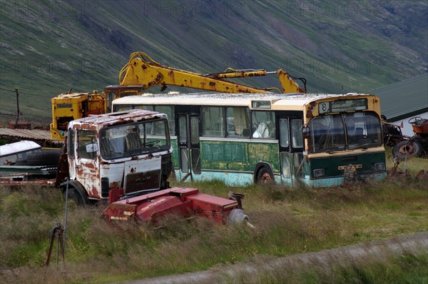 Old buses and construction vehicles standing in a meadow
