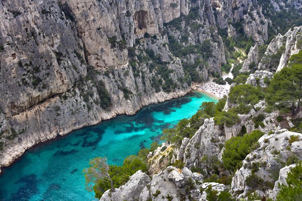 Bathing beach in the Calanque d'En-Vau near Cassis on the Cote d'Azur in Provence