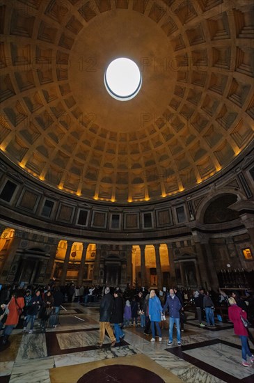 Free-standing coffered ceiling with oculus Ocukus in historic Roman temple Christian church Roman Pantheon