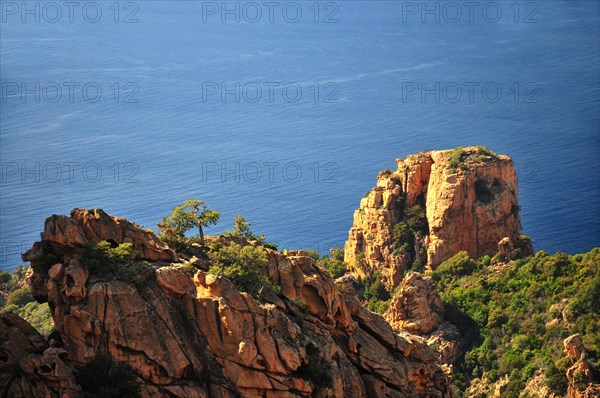 Granite rock formation on the coastal road through the Calanche de Piana in the Corsica nature park Park