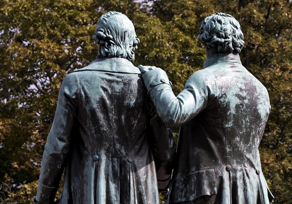 Rear view of double statue Goethe-Schiller monument by Ernst Rietschel