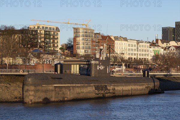 U-434 Submarine Museum in the evening light in the wintry harbour of Hamburg