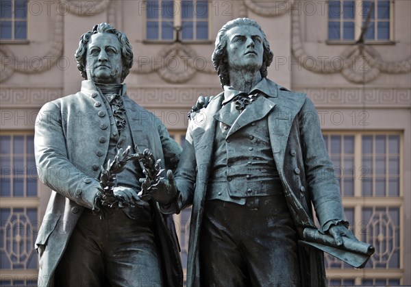 Double statue Goethe-Schiller monument by Ernst Rietschel in front of the German National Theatre