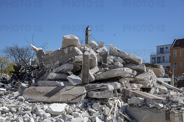 Rubble and stones after the demolition of a former department store in Berlin Pankow