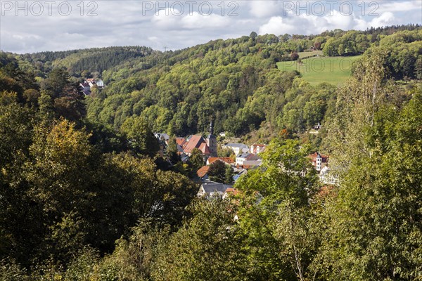 Town of Glashuette with town church of St. Wolfgang in the district of Saechsische Schweiz-Osterzgebirge