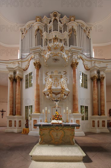 Interior view with organ and chancel of the baroque parish church