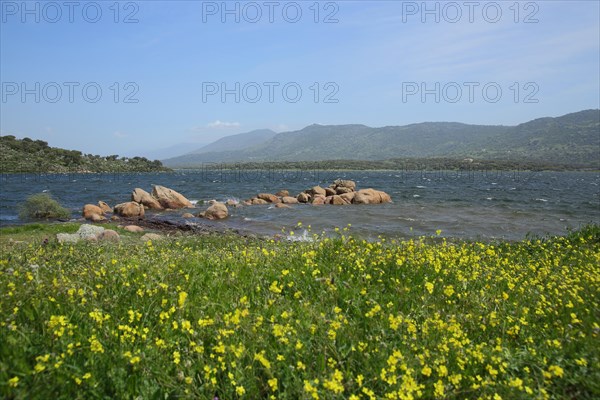 Reservoir Embalse del Jerte and view of valley Valle del Jerte with mountains