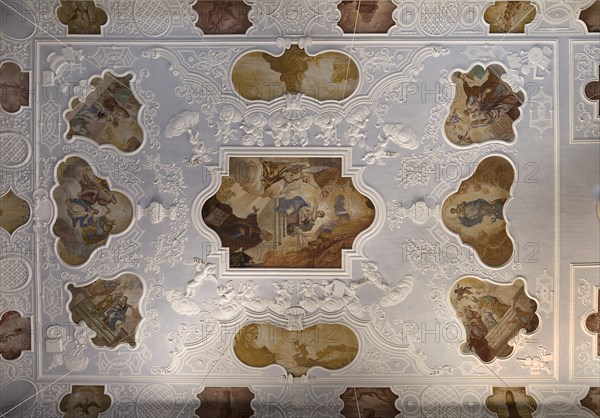 Stucco ceiling with frescoes in the Gothic parish church Zu unserer lieben Frau