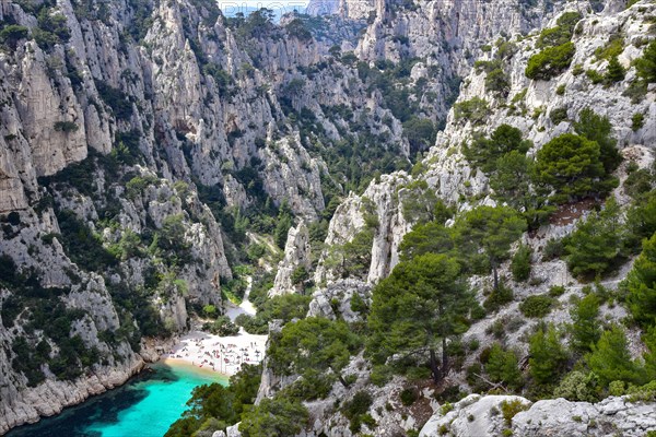 Bathing beach in the Calanque d'En-Vau near Cassis on the Cote d'Azur in Provence