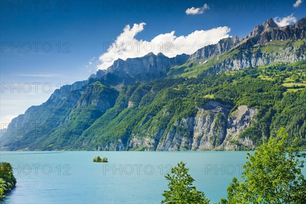 Sunny view over Lake Walen with the small chive island in the turquoise water at the foot of the Churfirsten and the mountain massifs Schaeren and Leistchamm in the background