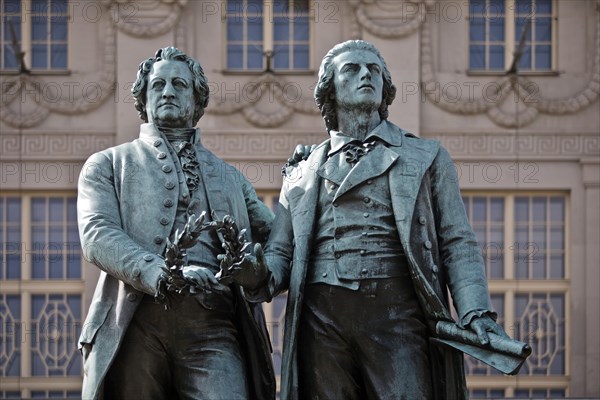 Double statue Goethe-Schiller monument by Ernst Rietschel in front of the German National Theatre