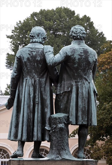 Rear view of double statue Goethe-Schiller monument by Ernst Rietschel