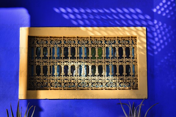 Ornate window grille in a blue wall