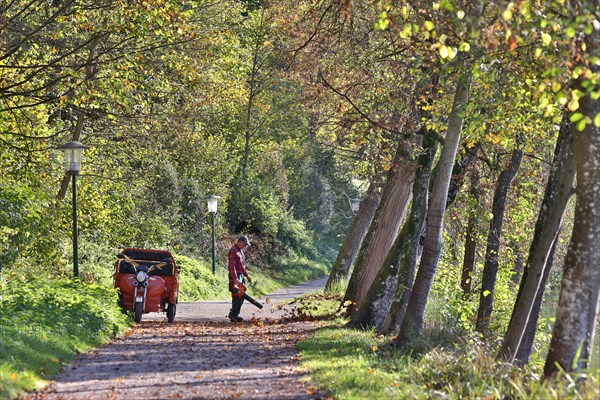 Man with leaf blower in a park