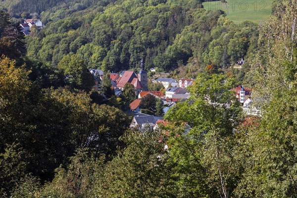 Town of Glashuette with town church of St. Wolfgang in the district of Saechsische Schweiz-Osterzgebirge