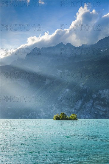 Evening sunshine on Lake Walen with chive island in the turquoise water and mountain range Schaeren in the background