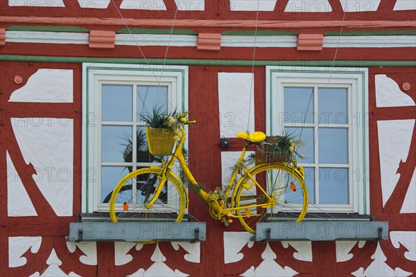 House wall of half-timbered house with flower decoration and bicycle