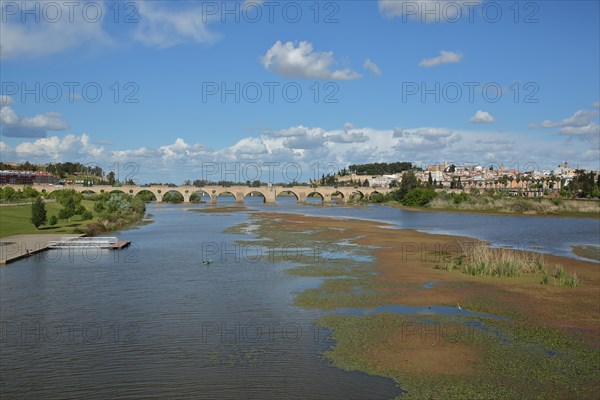 View of the historic stone arch bridge Puente de Palmas built in the 15th century over the river Rio Guadiana