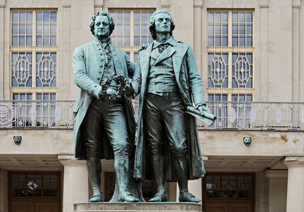 Double statue Goethe-Schiller monument by Ernst Rietschel in front of the German National Theatre