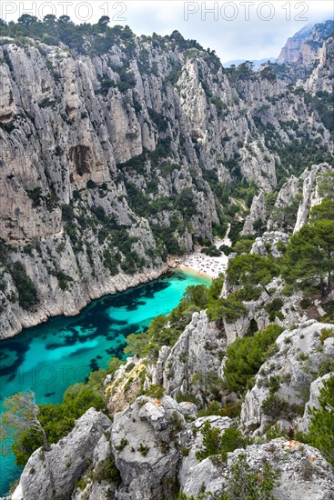 Bathing beach in the Calanque d'En-Vau near Cassis on the Cote d'Azur in Provence