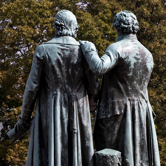 Rear view of double statue Goethe-Schiller monument by Ernst Rietschel