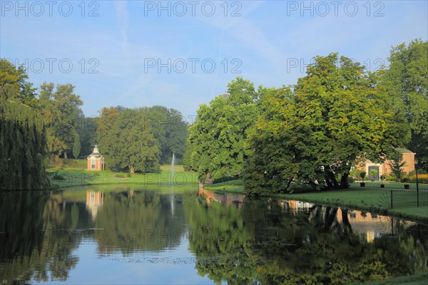 Park with lake and pavilion