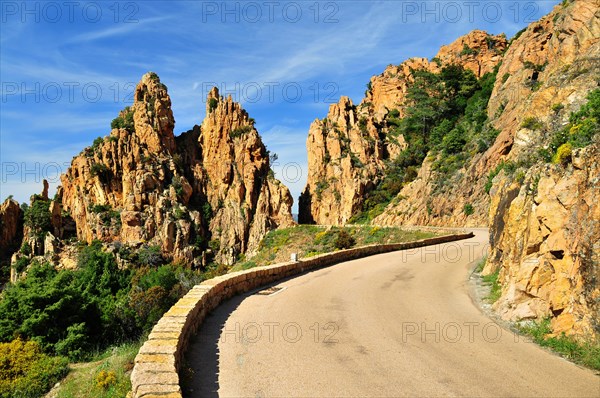 Granite rock formation on the coastal road through the Calanche de Piana in the Corsica nature park Park