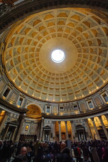 Free-standing coffered ceiling with oculus Ocukus in historic Roman temple Christian church Roman Pantheon