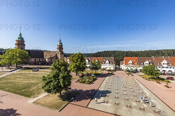 Town church and water fountains at the Lower Market Square in Freudenstadt