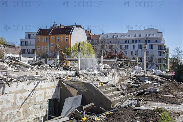 Rubble and stones after the demolition of a former department store in Berlin Pankow