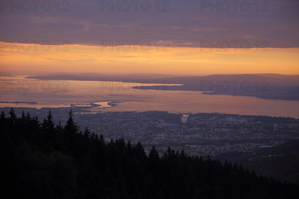 View of Lake Constance with river mouth of Rhine near Bregenz during sunset