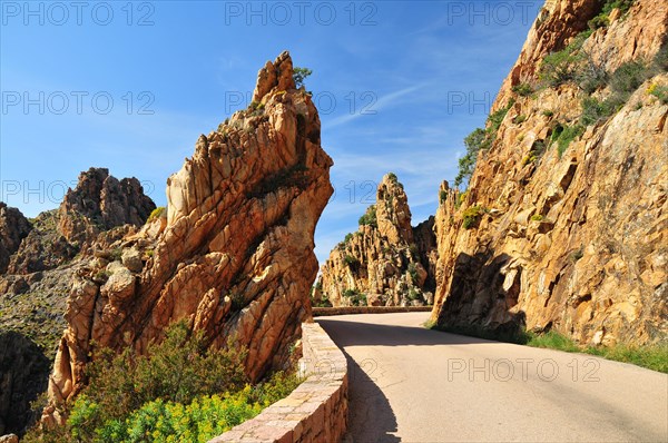 Granite rock formation on the coastal road through the Calanche de Piana in the Corsica nature park Park