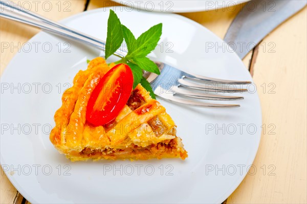 Fresh baked home made beef pie macro closeup