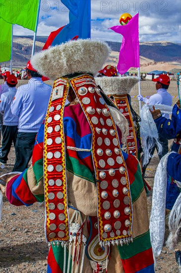 Close up of Traditional clothes on the festival of the tribes in Gerze Western Tibet