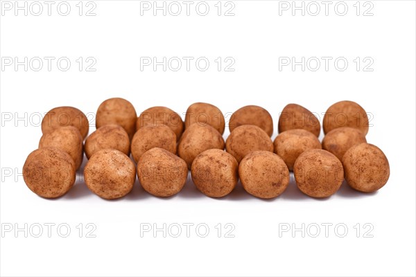 Traditional German Christmas sweets called Marzipankartoffeln in shape of round balls made of almond paste pieces covered in cinnamon and cocoa powder isolated on white background