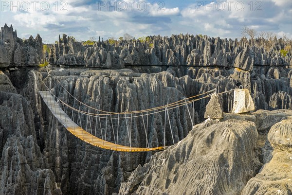 Hanging bridge over the Tsingys in the Unesco world heritage sight Tsingy de Bemaraha Strict Nature Reserve