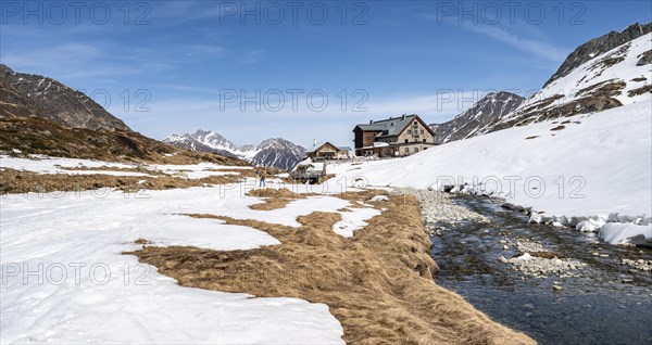 Oberbergbach and Franz-Senn-Huette mountain hut in winter