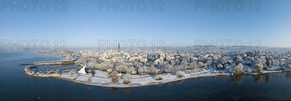 Aerial view of the town of Radolfzell on Lake Constance in winter