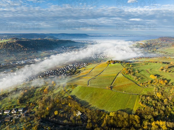 Drone view of sunrise with fog over valley Remstal