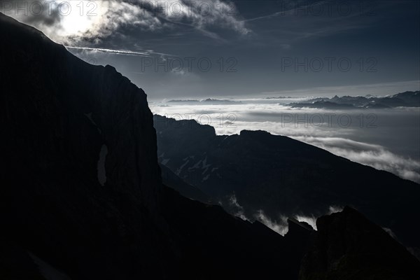 Cloudy atmosphere over the Rhine valley with Swiss mountains