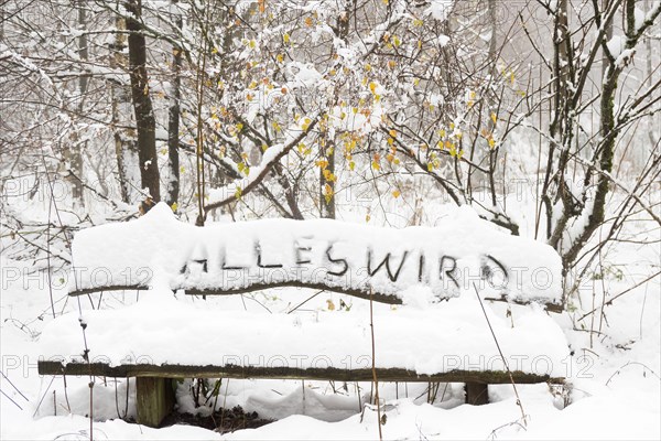 Writing Alles wird auf einer schneebedeckten Sitzbank im Wald