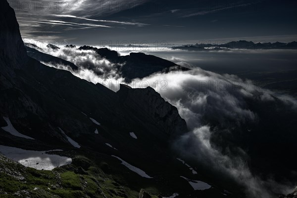 Cloudy atmosphere over the Rhine valley with Swiss mountains