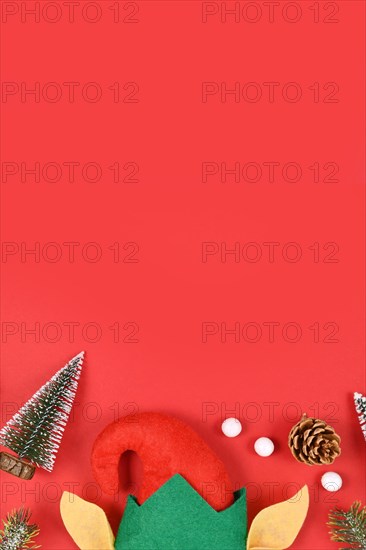 Christmas flat lay with elf hat and ears