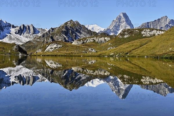 Mont Blanc and Grand Jorass reflected in Lac de Fenetre