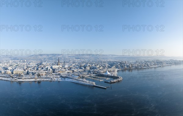 Aerial view of the town of Radolfzell on Lake Constance in winter