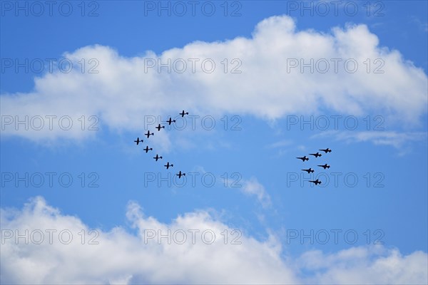 Formation flight of the Patrouille Suisse with the Northrop F-5E Tiger II and the PC-7 Team