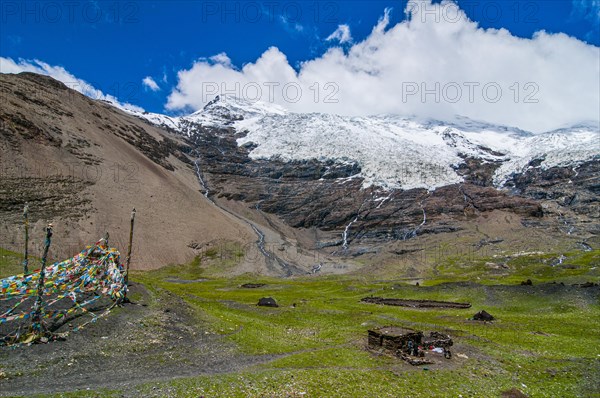 Hut below a glacier on the Karo-La Pass along the Freindship Highway