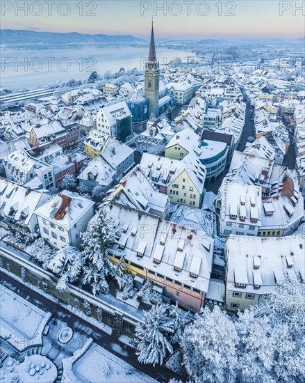 Aerial view of the town of Radolfzell on Lake Constance on a cold winter morning