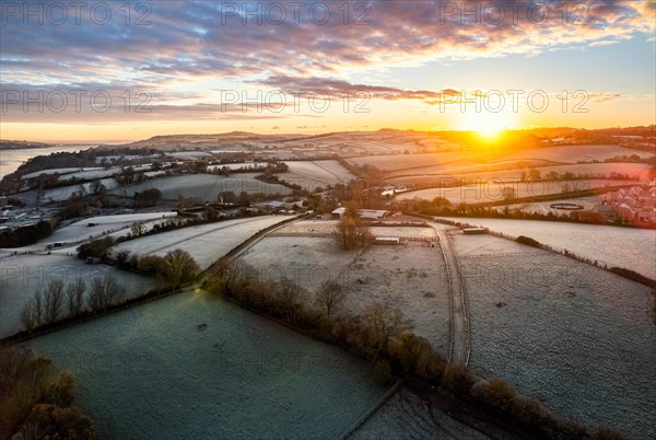 Sunrise over Fields and River Teign from a drone