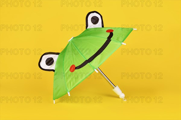 Cute green doll rain umbrella with frog face on yellow background